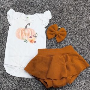 Girls White Pumpkin 'One' Bodysuit & Rust Skirted Bloomers Set